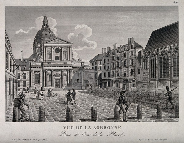 Sorbonne, Paris: from the corner of the square. Etching.