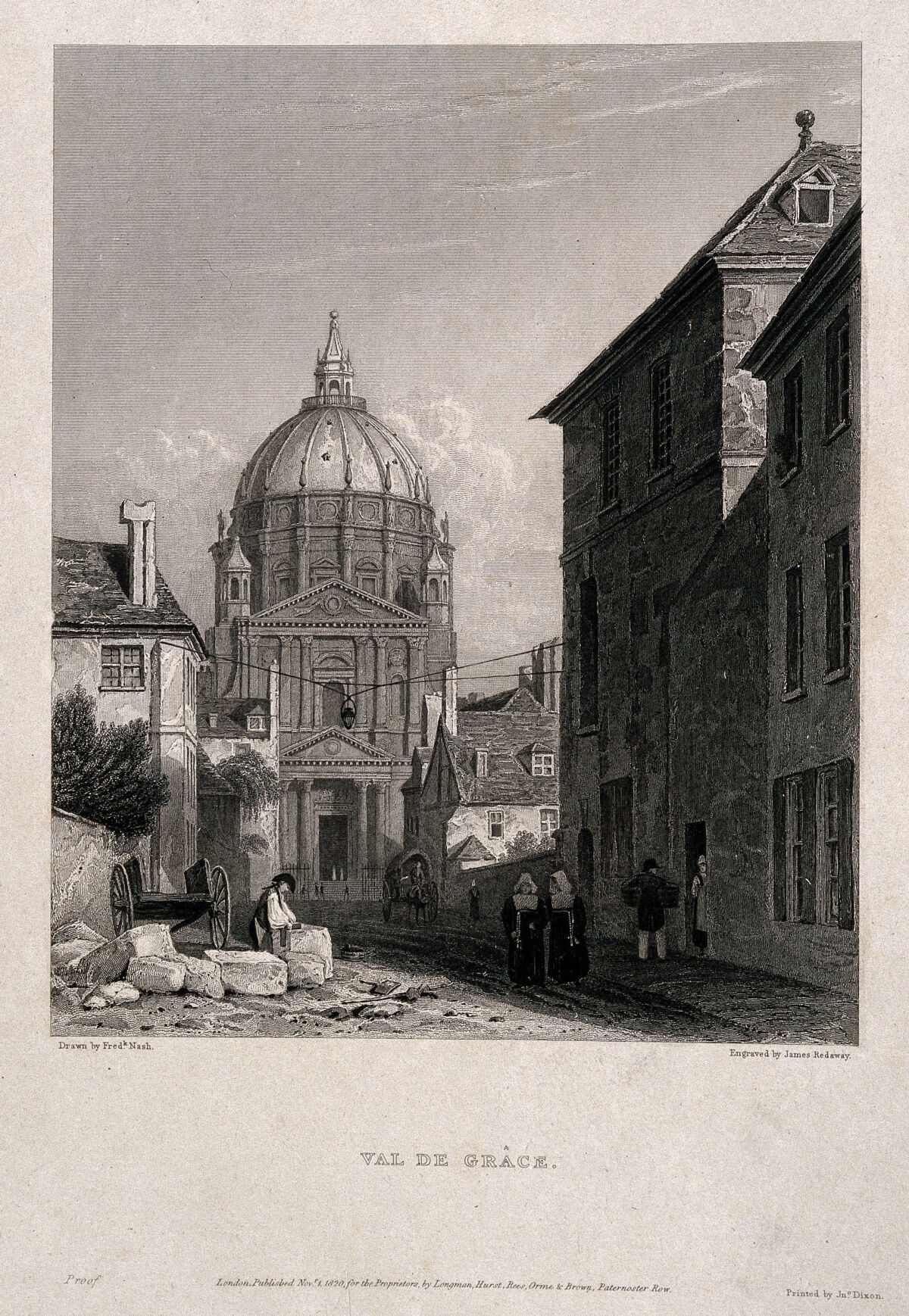 Val-de-Grâce, Paris: nuns walking in the front of the hospital. Engraving by J. Redaway, 1820, after F. Nash., 1 November 1820, by Frederick Nash