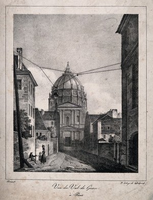 view Val-de-Grâce, Paris. Lithograph by Delpech after Arnout.