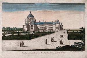 view Val-de-Grâce, Paris: nuns walking in the gardens of the convent. Coloured line engraving.