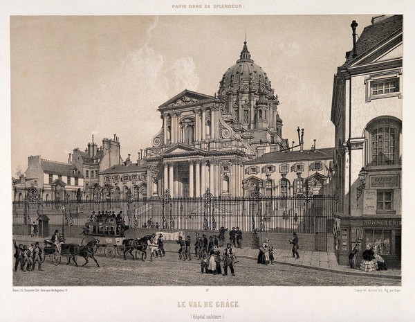 Val-de-Grâce, Paris: busy street-life in front of the facade. Tinted lithograph by Aubrun and Bayot after Chapuy.