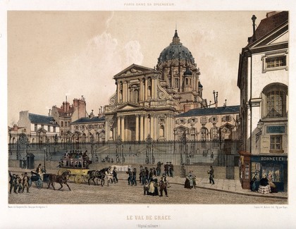 Val-de-Grâce, Paris: busy street-life in front of the facade. Tinted lithograph by Aubrun and Bayot after Chapuy.