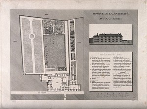 view Hospice de la Maternité, Paris: facade and keyed floor and street plans. Engraving by J.E. Thierry after H. Bessat, 1810.