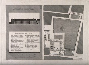 view Hospice Maternité allaitement, Paris: facade with a keyed floor and street plan. Engraving by J.E. Thierry after H. Bessat, 1811.