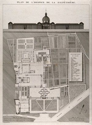 view Hôpital de la Salpêtrière, Paris: including a detailed numbered plan. Line engraving by J.E. Thierry after E. Poulet Galimard, 1812.