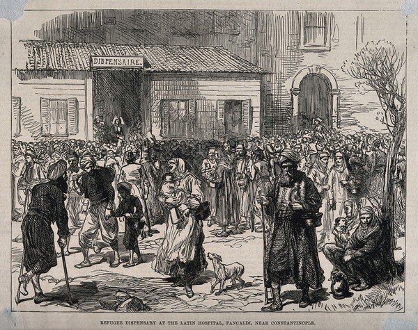 Latin Hospital, Pancaldi near Constantinople: refugee dispensary. Wood engraving.