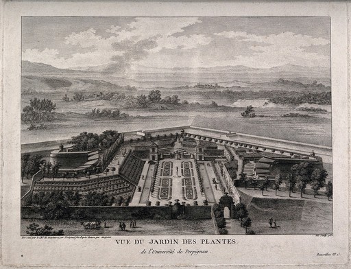 Jardin des Plantes, Perpignan: bird's eye view. Line engraving by F.D. Née, 1786, after C. de Lespinasse after Margoüet.