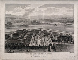 view Jardin des Plantes, Perpignan: bird's eye view. Line engraving by F.D. Née, 1786, after L.N. de Lespinasse after Margoüet.