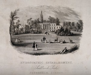 view Sudbrook Park, Petersham: hydropathy centre with a deer park in Surrey. Line engraving.