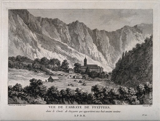 Pfeffer's Abbey, Pfeffer, Switzerland: panoramic view. Line engraving by F.D. Née after B. Laine.