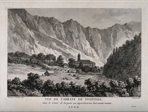 view The abbey of Pfäfers, St. Gallen, Switzerland: panoramic view. Line engraving by F.D. Née, 1784, after J.J.F. Le Barbier.