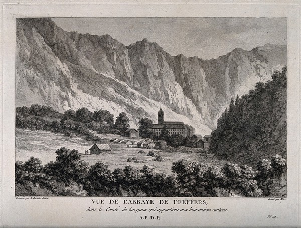 The abbey of Pfäfers, St. Gallen, Switzerland: panoramic view. Line engraving by F.D. Née, 1784, after J.J.F. Le Barbier.
