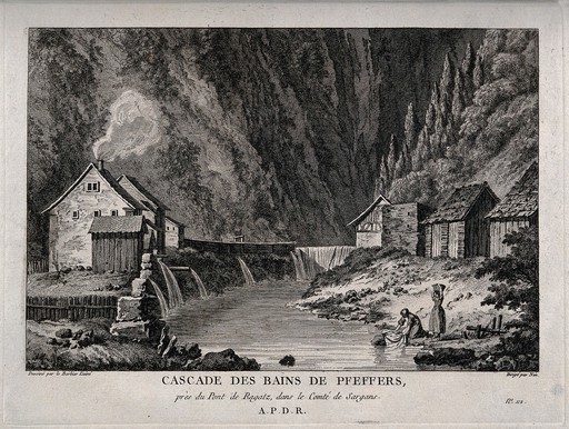 Baths and waterfalls, Pfeffer, Switzerland: women washing their clothes. Line engraving by F.D. Née after B. Laine.
