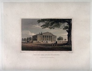 view Deaf and Dumb Asylum, Philadelphia: panoramic view. Coloured engraving by Fenner Sears & Co., 1831, after C. Burton.