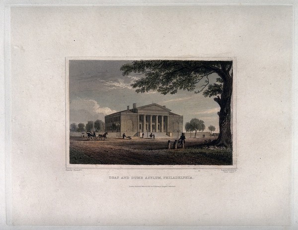 Deaf and Dumb Asylum, Philadelphia: panoramic view. Coloured engraving by Fenner Sears & Co., 1831, after C. Burton.
