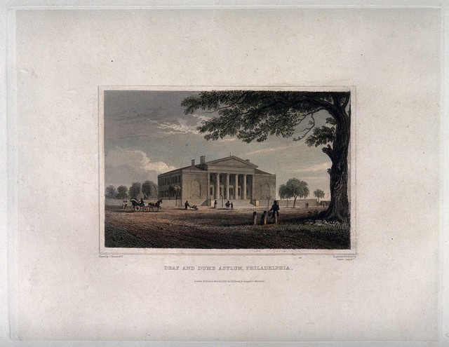 Deaf and Dumb Asylum, Philadelphia: panoramic view. Coloured engraving by Fenner Sears & Co., 1831, after C. Burton.