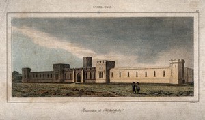 view The State Penitentiary, Philadelphia: panoramic view. Coloured etching by Traverster.