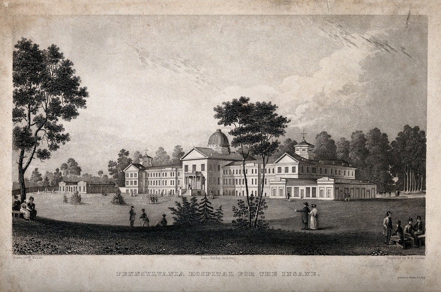 Hospital for the Insane, Philadelphia: panoramic view from the garden. Line engraving by W.E. Tucker after W. Mason after I. Holden.