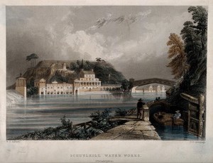 view Schuylkill Water Works, Philadelphia: panoramic view with the river. Coloured engraving by J.C. Armytage after W.H. Bartlett.