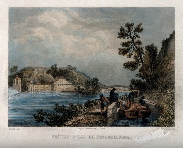 Fairmount Waterworks, Schuylkill River, Philadelphia. Coloured engraving by Ch. de Lalaisse after J. Noël.