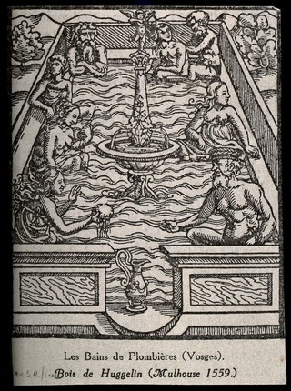 Baths of Plombières, France: Fontaine Stanislas. Etching by Schroeder after F.A. Pernot.