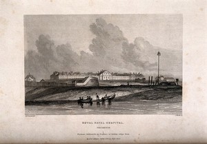 view Royal Naval Hospital, Portsmouth: as seen from the sea. Etching by J. Woods after G.H. Sergeant.