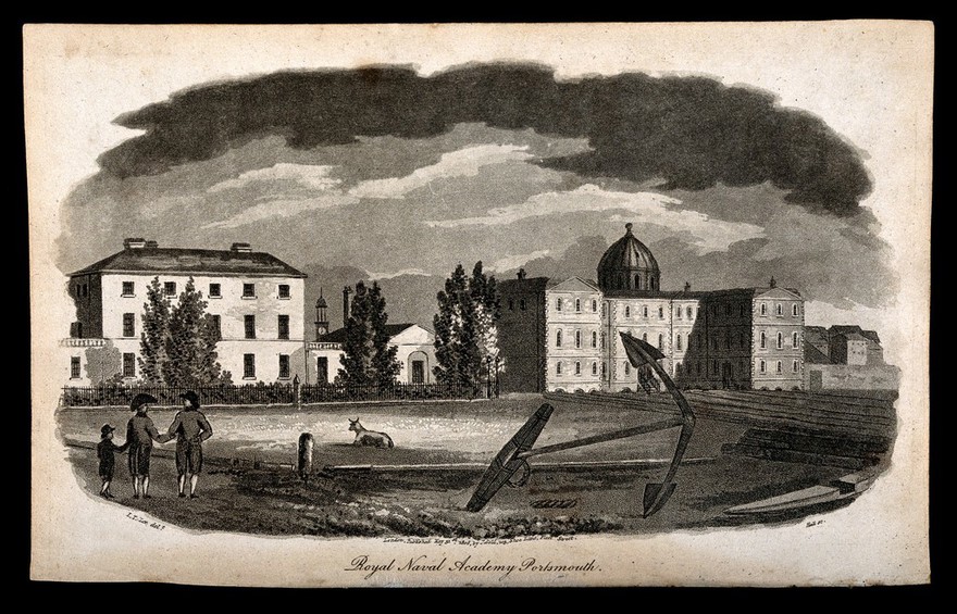 Royal Naval Academy, Portsmouth: panoramic view with an anchor. Aquatint by Hall, 1806, after I.T. Lee.