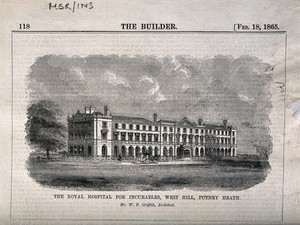 view Royal Hospital for Incurables, Putney Heath: panoramic view. Wood engraving, 1865, after W.P. Griffith.