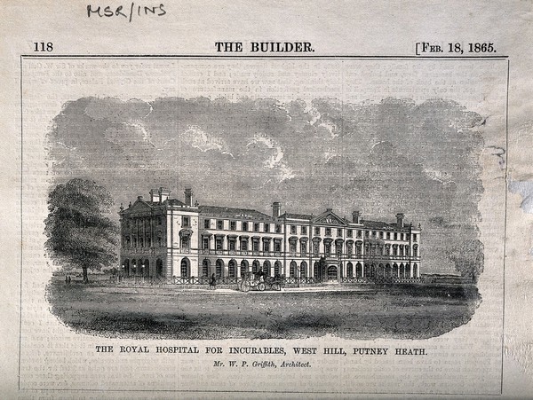 Royal Hospital for Incurables, Putney Heath: panoramic view. Wood engraving, 1865, after W.P. Griffith.