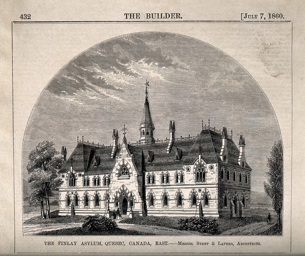Finlay Asylum, Quebec, Canada. Wood engraving, 1870, after Stent & Lavers.