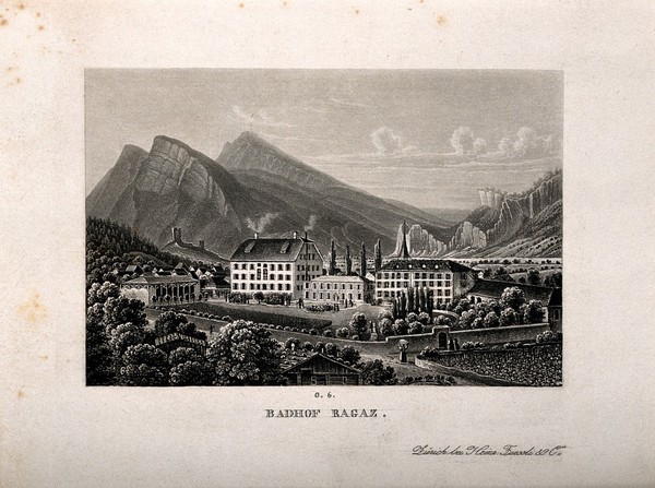 Ragaz health resort, Zürich, Switzerland: panoramic view. Aquatint.