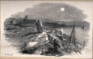 view Ramsgate, Kent: the beach and harbour at night. Wood engraving, 1850.