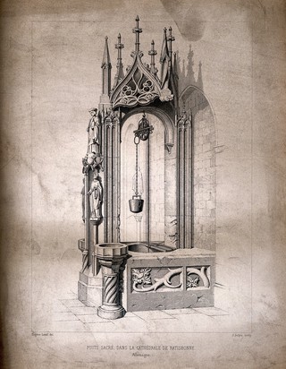 Regensburg Cathedral, Regensburg (Ratisbon), Germany: the holy well. Etching by J.J. Sulpis after E. Laval.