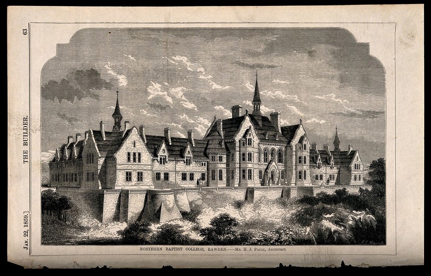 Northern Baptist College, Rawden, Yorkshire. Wood engraving by I.S. Heaviside, 1859, after H.J. Paull.