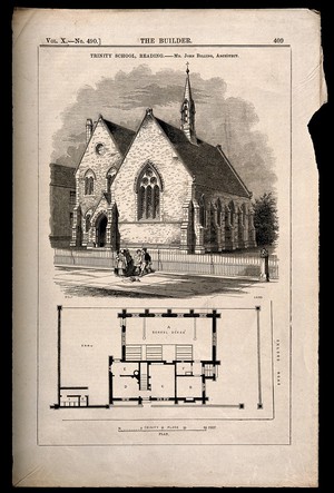 view Trinity School, Reading: with a floor plan. Wood engraving by Laing after B. Sly after J. Billing.