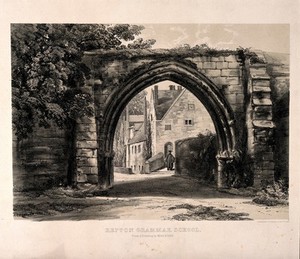 view Repton Grammar School, Repton, Derbyshire: gateway. Tinted lithograph by Hullmandel & Walton after Miss Every.