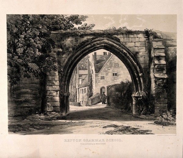 Repton Grammar School, Repton, Derbyshire: gateway. Tinted lithograph by Hullmandel & Walton after Miss Every.