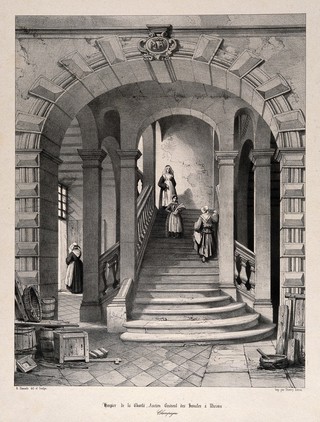 Hospice de la Charité, Rheims, France: staircase. Lithograph by A. Dauzats after himself.