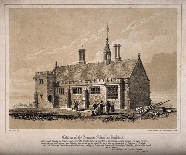 Grammar School, Rochdale, Lancashire: children playing in the front. Tinted lithograph by J.K. Colling after J. Clarke.