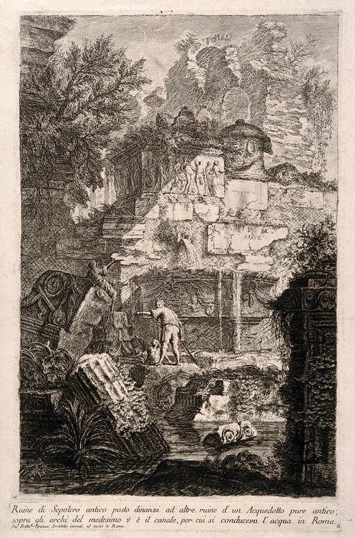 Aqueduct, Rome: ruins of ancient sepulchre and aqueduct. Etching by G.B. Piranesi.