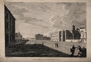 view Baths of Diocletian, Rome. Etching by J. Gandon after R. Wilson.