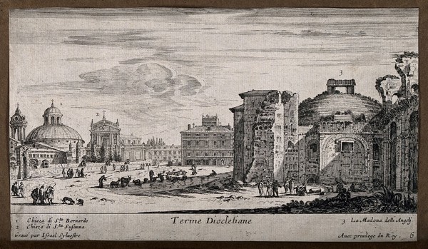 Baths of Diocletian, Rome: with San Bernardo alle Terme, Santa Susanna and Santa Maria degli Angeli in the background. Etching by I. Sylvestre.