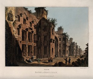 view Baths of Diocletian, Rome: people admiring the ruins. Coloured aquatint by M. Dubourg, 1820.