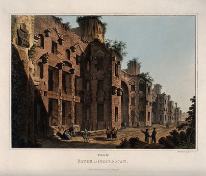 Baths of Diocletian, Rome: people admiring the ruins. Coloured aquatint by M. Dubourg, 1820.