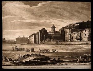 view Baths of Diocletian, Rome: a religious procession walking pass the Baths ruins and surrounding buildings. Tinted aquatint.