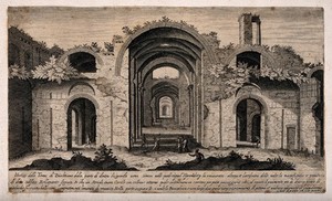 view Baths of Diocletian, Rome: panoramic view with a key of the ruins. Engraving.