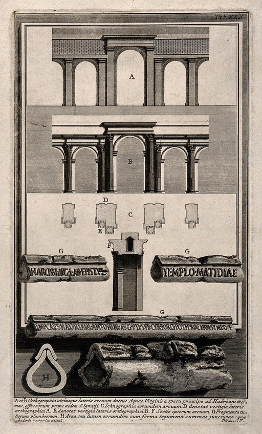 Bath of Hadrian, Rome: lettered key of the ruins of Hadrian's Villa at Tivoli. Line engraving by G.B. Piranesi.