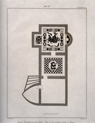 Lipari Island, Italy: a mosaic pavement in an ancient bath. Line engraving by J. Basire, 1830, after J.C. Buckler.