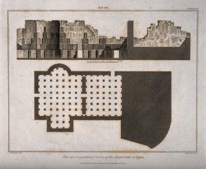 view Lipari, Italy: floor plan and cross sections of an ancient bath. Line engraving by J. Basire, 1830, after J.C. Buckler.