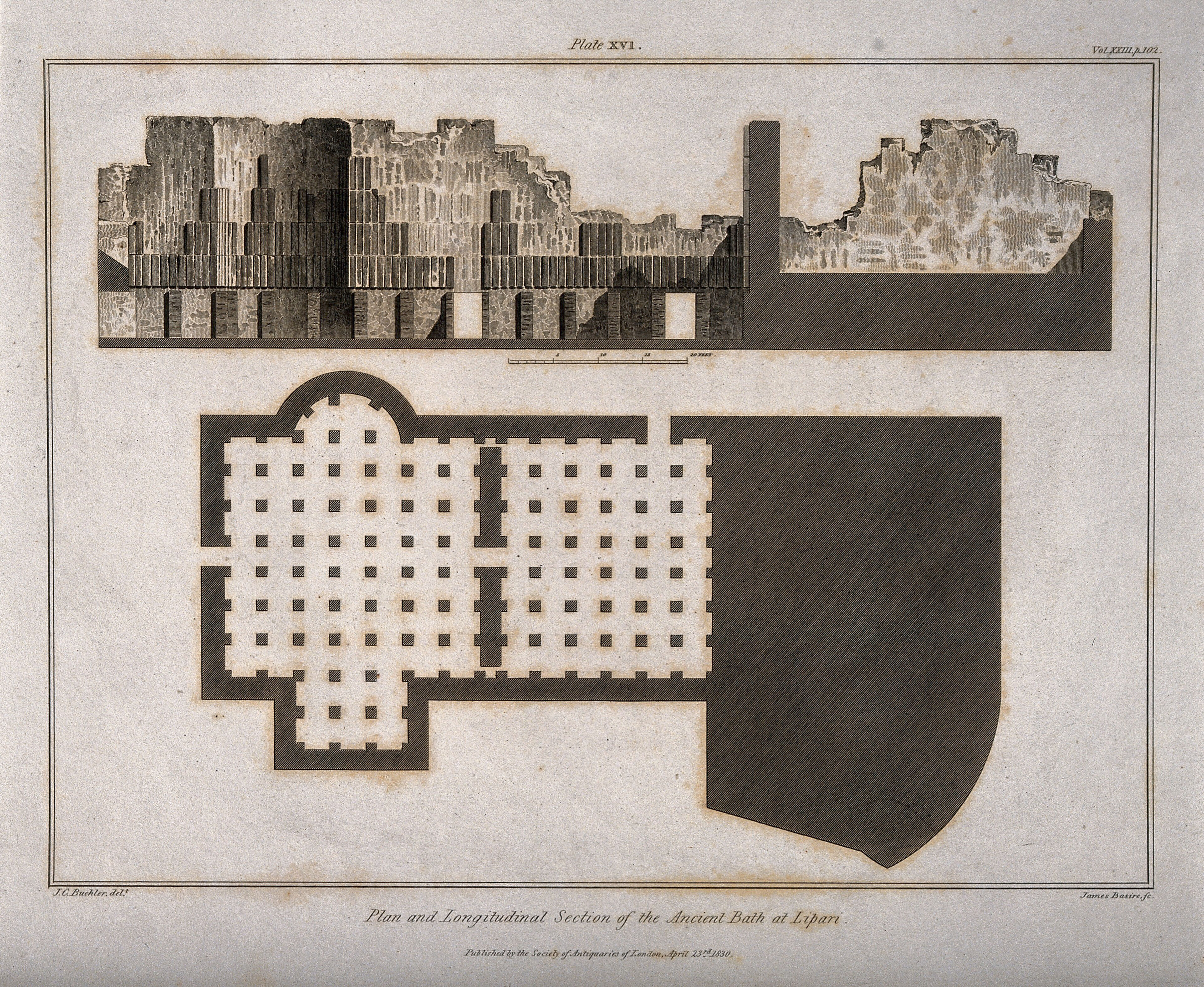 Lipari, Italy: floor plan and cross sections of an ancient bath. Line engraving by J. Basire, 1830, after J.C. Buckler.